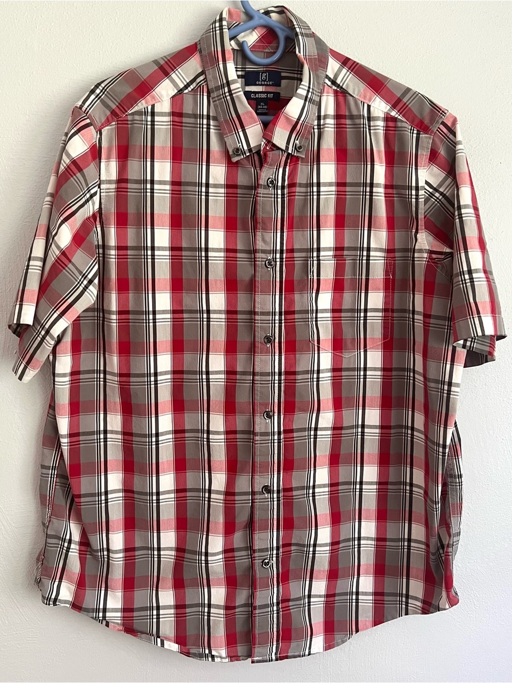 George Red White and Black Plaid Short Sleeve Button-Down Shirt